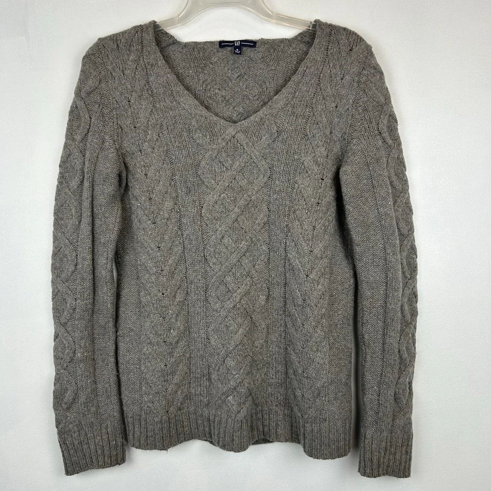 Gap Sweater Womens Small Gray Cable Knit Alpaca Wool Blend Pullover V Neck